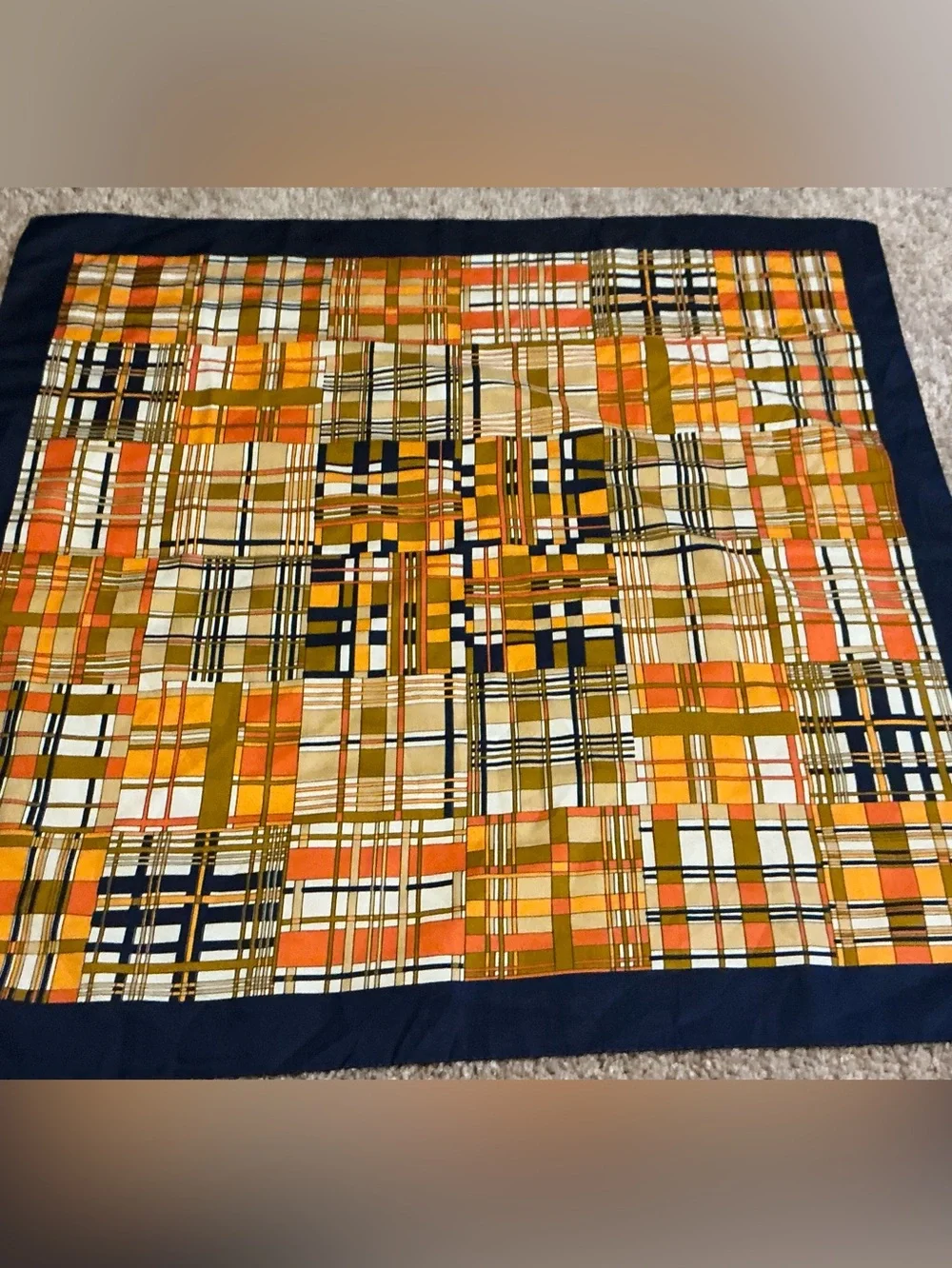 True Vintage 60’s/70’s Navy Blue/Orange/Cream/Brown Plaid Scarf
